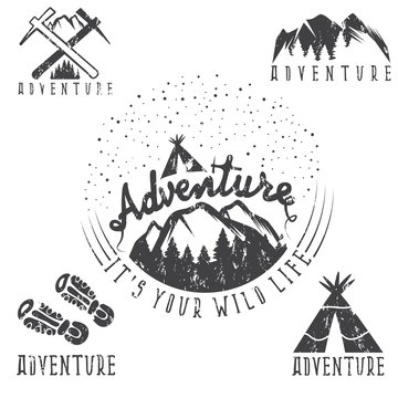 set of vintage grunge labels mountain adventure and camping