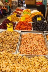 Various nuts and dried fruits on the Mahane Yehuda Market.