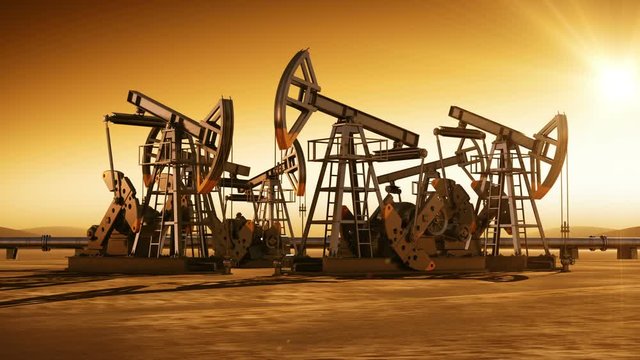 Sunset in the Desert with the Oil Pumps Working. Time-lapse loop 3d animation. HD 1080.