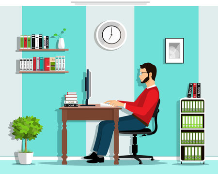 Manager in the office. Vector flat style set: man working in office, sitting at desk, looking at computer screen, office with furniture.