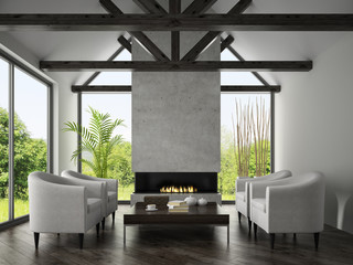 Interior of living room with  armchairs and fireplace 3D renderi