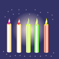 Five colored candles on a dark blue background with stars