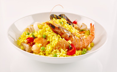 Traditional Spanish Seafood Paella in White Bowl