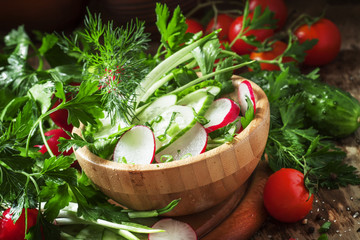 Vegetarian salad with radishes, cucumber, tomato, wild garlic, g