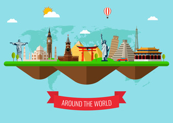 Travel and Tourism Background with Famous World Landmarks . Vector