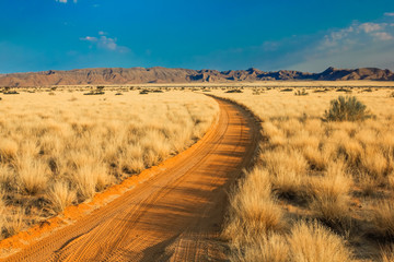 Scenic view of a sand Road in landscape desert at sunset. Solitaire, Namibia, Africa. . - obrazy, fototapety, plakaty