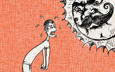 Canicule : homme déshydraté devant soleil moustachu au regard méprisant