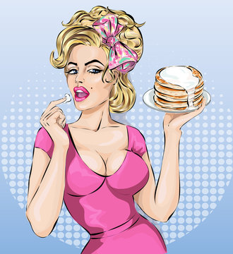 Sexy pop art woman portrait with pancakes. Pin-up