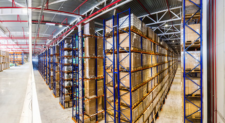 Panoramic Interior Large modern storehouse with some goods