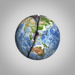 Three-dimensional illustration of damaged Earth planet with crack. Elements this image are...