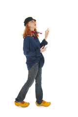 Dutch female farmer looking up