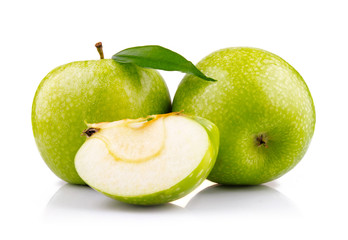 Ripe green apple with slices isolated on white