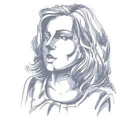 Monochrome vector hand-drawn image, amazed young woman. Black 