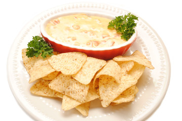 Tortilla Chips Served with Cheesy Salsa