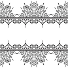 Seamless pattern mehndi border elements with flowers for tattoo or card in Indian style on white background.