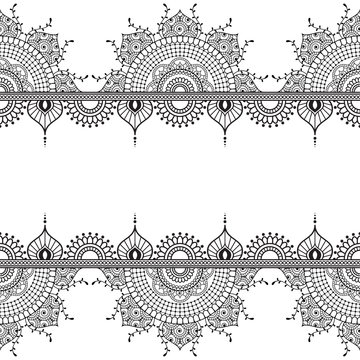 Seamless pattern mehndi border elements with flowers for tattoo or card in Indian style on white background.