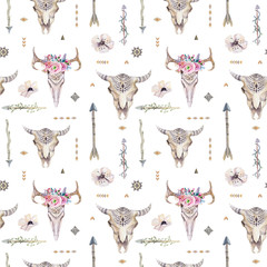 Watercolor boho seamless pattern with teepee, arrows, feathers,