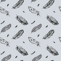 Fototapeta premium Vintage seamless graphic pattern with hand-drawn feathers. Flyi