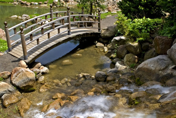 Footbridge over pond and waterfall