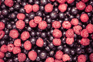Mixed berries background with ripe delicious raspberries and blackberries