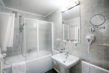 Interior of a modern hotel bathroom.