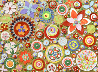 Flowers, abstract composition made of paper layers, quilling with die cut and scissors, abstract background painting.