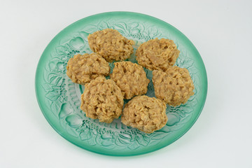 Peanut butter oatmeal cookies on plate as effortless desert that need not be cooked