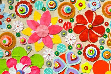 Flowers, abstract composition made of paper layers, quilling with die cut and scissors, abstract background painting.
