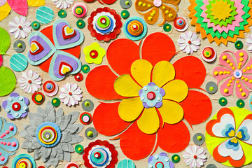 Flowers, abstract composition made of paper layers, quilling with die cut and scissors, abstract background painting.