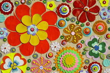 Flowers, abstract composition made of paper layers, quilling with die cut and scissors, abstract background painting.