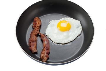 fried egg and bacon in a pan.