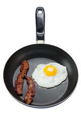 smoked bacon and friend egg in a pan.