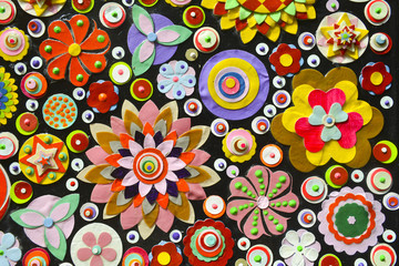 flowers background, zentangle like decorative circular floral elements, made of paper 