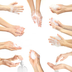 Collage with young beautiful washing hands, isolated on white