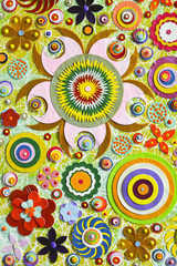 Fototapeta premium Colorful flowers paper background pattern lovely style, zentangle like decorative circular floral elements, made of paper.