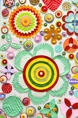 Fototapeta premium Colorful flowers paper background pattern lovely style, zentangle like decorative circular floral elements, made of paper.