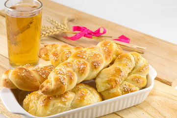 Homemade braid pastry and glass of beer