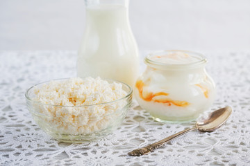 Healthy breakfast: milk, cottage cheese, yoghurt.