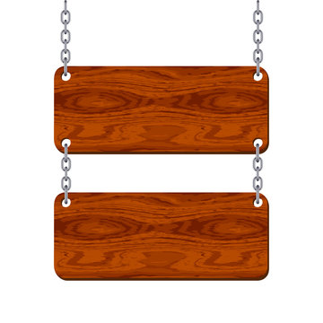 Blank wooden signboard set hanging on chain. Vector illustration