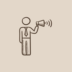 Businessman with megaphone sketch icon.