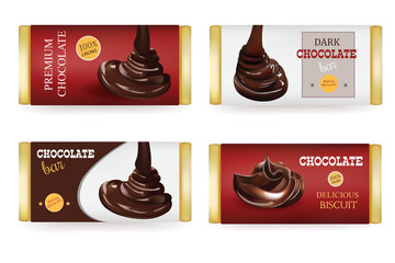  Chocolate bar Design Templates Isolated On White Background. Liquid Pouring Chocolate and Text on the Packaging