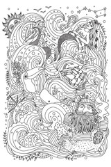 Monochrome ornament for adult coloring book. Sea theme - old sailor, mermaid, exotic creatures, ship, fishes, ocean waves. - 107193826