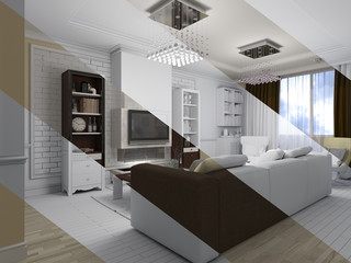 3d render of a living room with kitchen interior design in the s