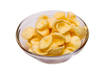 potato snacks on bowl on white background