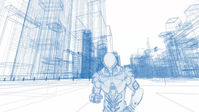 4K UHD - 3D WIREFRAME ANIMATION - HEROIC FANTASY - COMICS - SUPER HERO running on town 