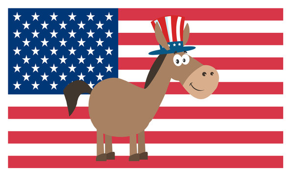 Democrat Donkey Cartoon Character With Uncle Sam Hat Over USA Flag