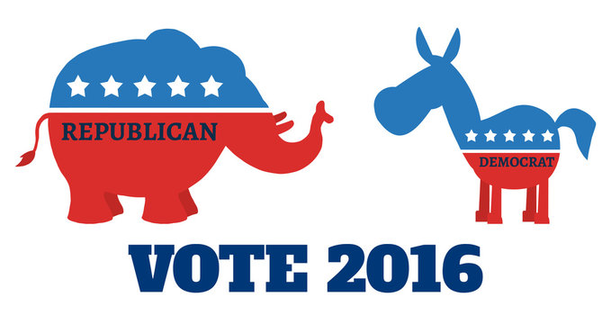 Political Elephant Republican Vs Donkey Democrat. Illustration Flat Design Style Isolated On White With Text Vote 2016
