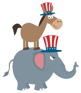 Smiling Donkey Democrat Over Angry Elephant Republican. Illustration Flat Design Style