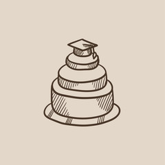 Graduation cap on top of cake sketch icon.