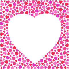 Border with bright hearts isolated on white background. Greeting card design layout decorated with heart